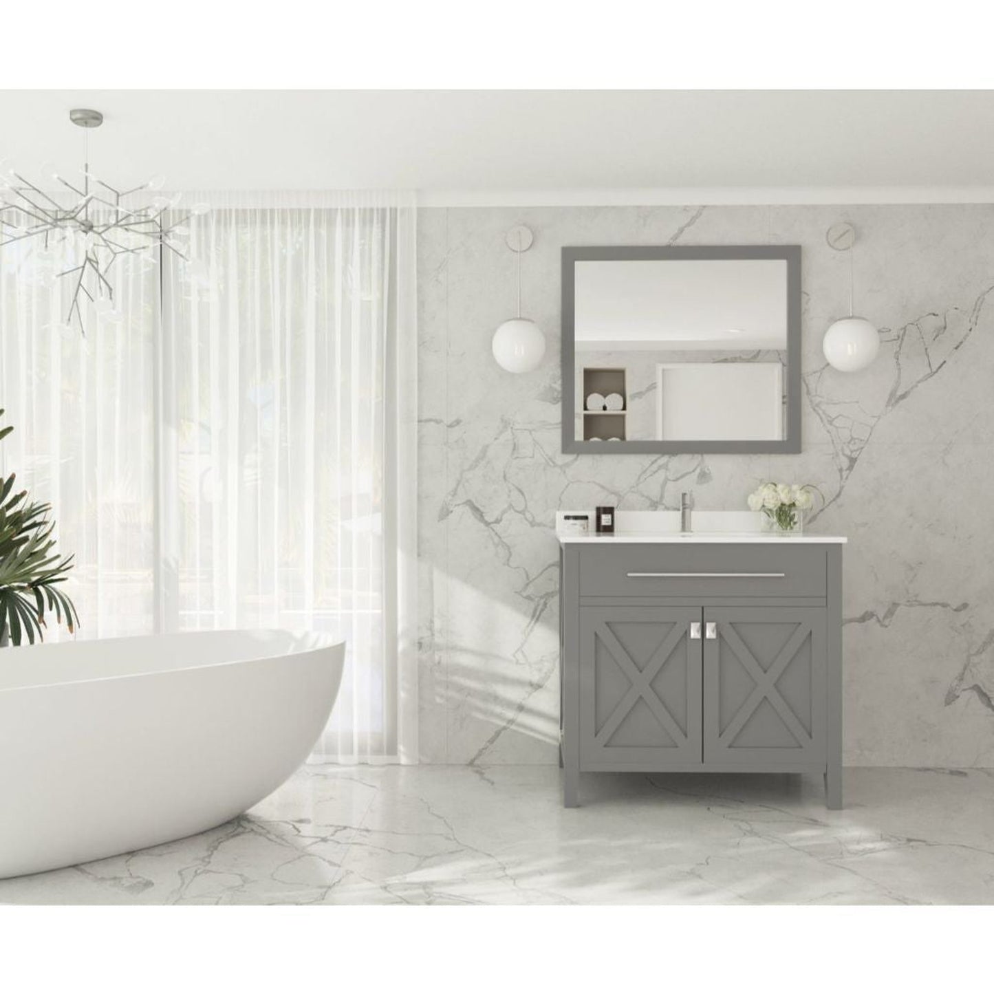 Laviva Wimbledon 36" Gray Vanity Base and White Quartz Countertop With Rectangular Ceramic Sink