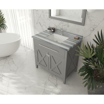 Laviva Wimbledon 36" Gray Vanity Base and White Stripes Marble Countertop With Rectangular Ceramic Sink