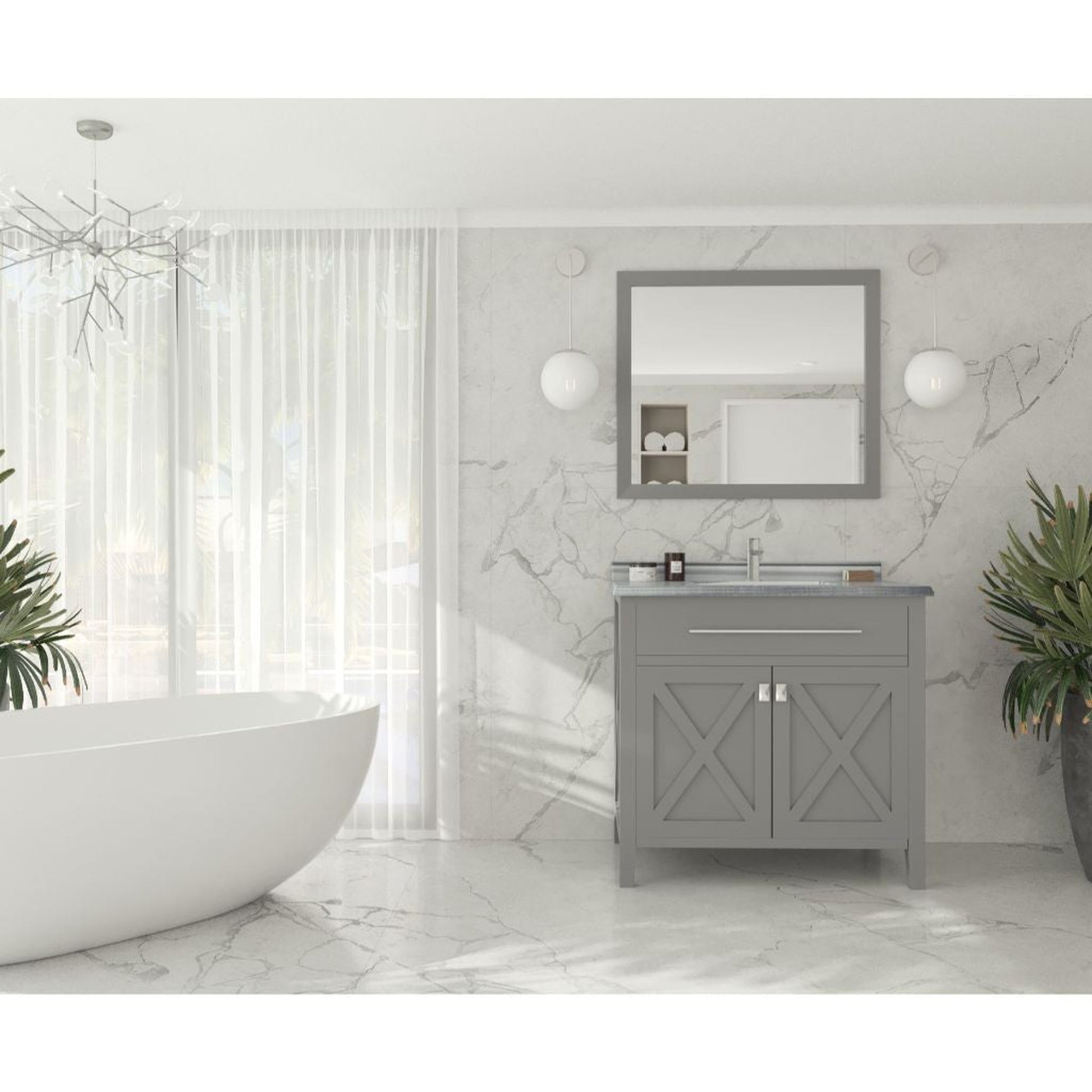 Laviva Wimbledon 36" Gray Vanity Base and White Stripes Marble Countertop With Rectangular Ceramic Sink