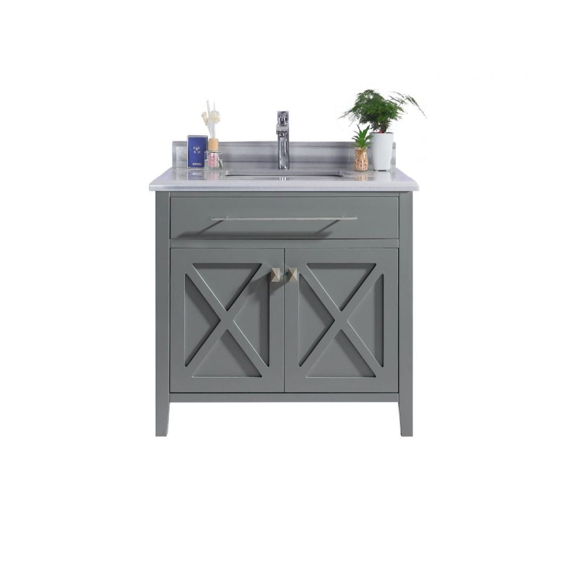 Laviva Wimbledon 36" Gray Vanity Base and White Stripes Marble Countertop With Rectangular Ceramic Sink