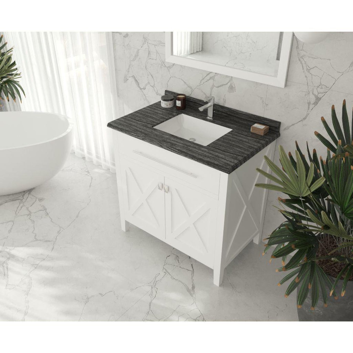 Laviva Wimbledon 36" White Vanity Base and Black Wood Marble Countertop With Rectangular Ceramic Sink