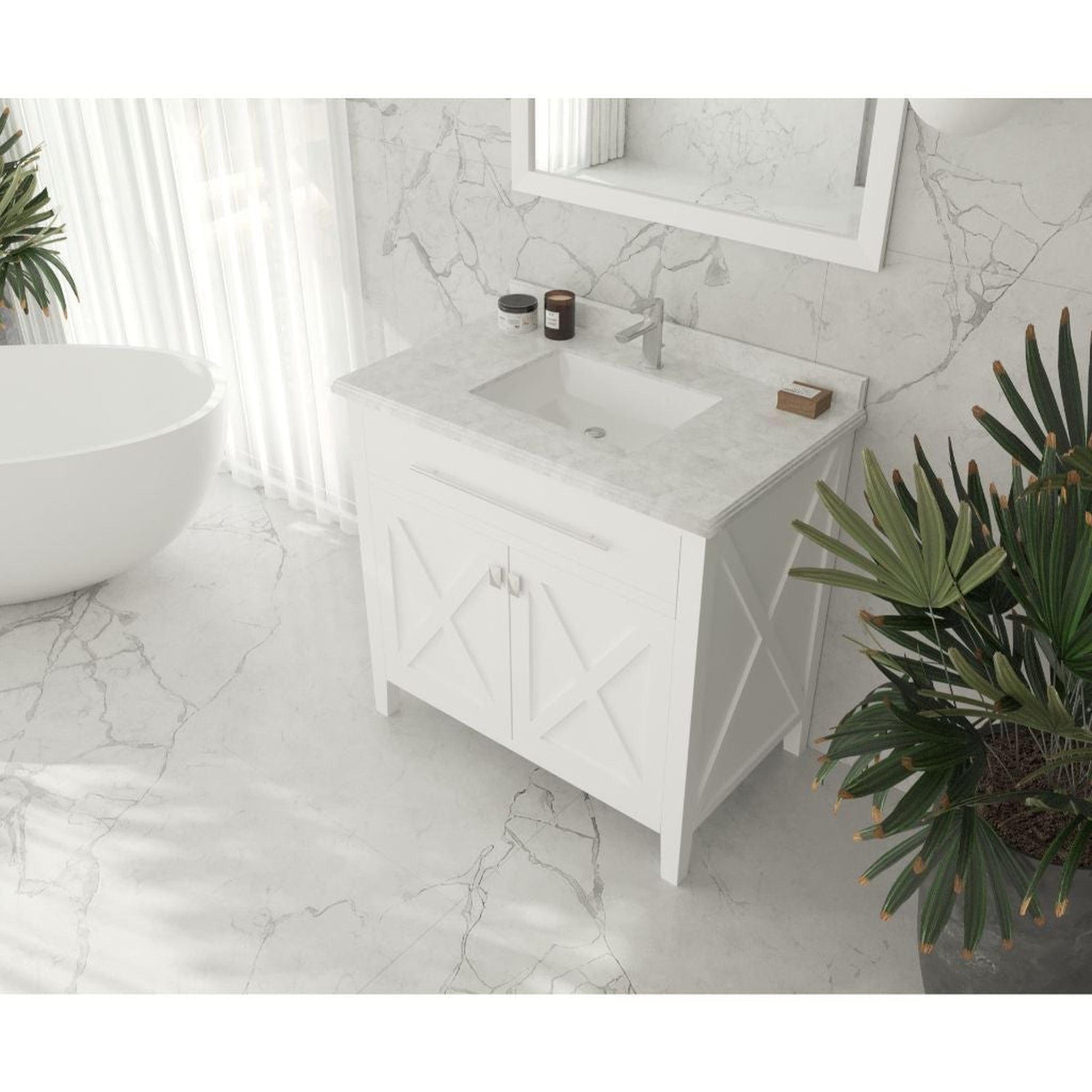 Laviva Wimbledon 36" White Vanity Base and White Carrara Marble Countertop With Rectangular Ceramic Sink