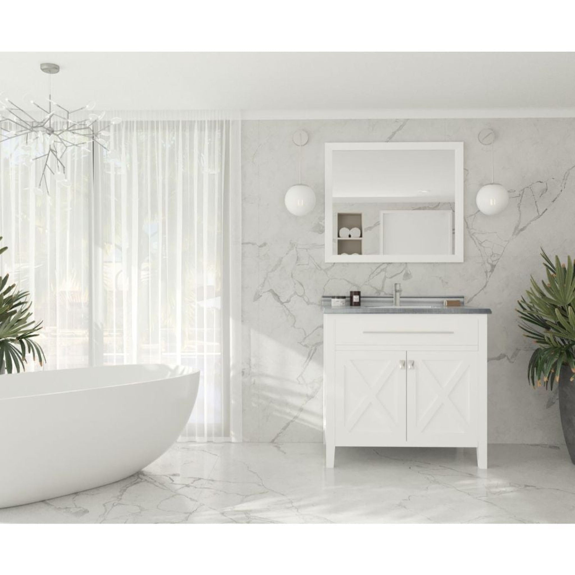 Laviva Wimbledon 36" White Vanity Base and White Stripes Marble Countertop With Rectangular Ceramic Sink
