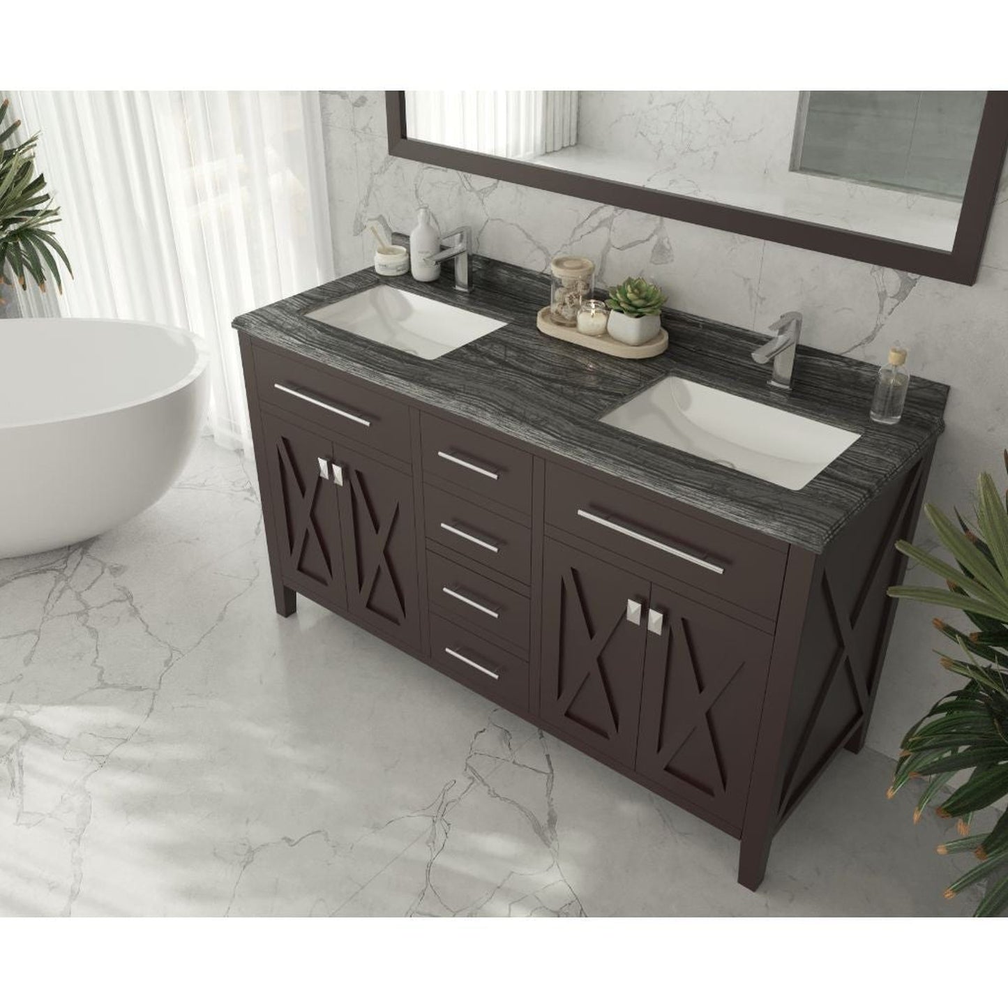 Laviva Wimbledon 60" Brown Vanity Base and Black Wood Marble Countertop With Double Rectangular Ceramic Sinks