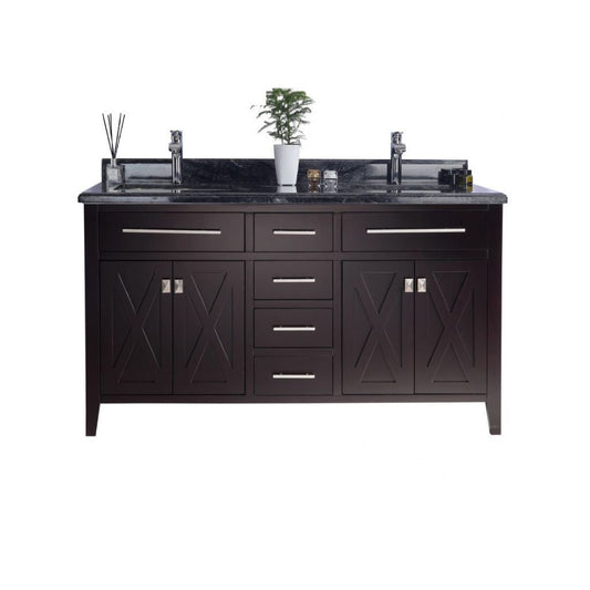 Laviva Wimbledon 60" Brown Vanity Base and Black Wood Marble Countertop With Double Rectangular Ceramic Sinks