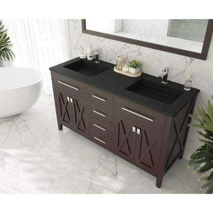 Laviva Wimbledon 60" Brown Vanity Base and Matte Black Solid Surface Countertop With Double Integrated Sinks