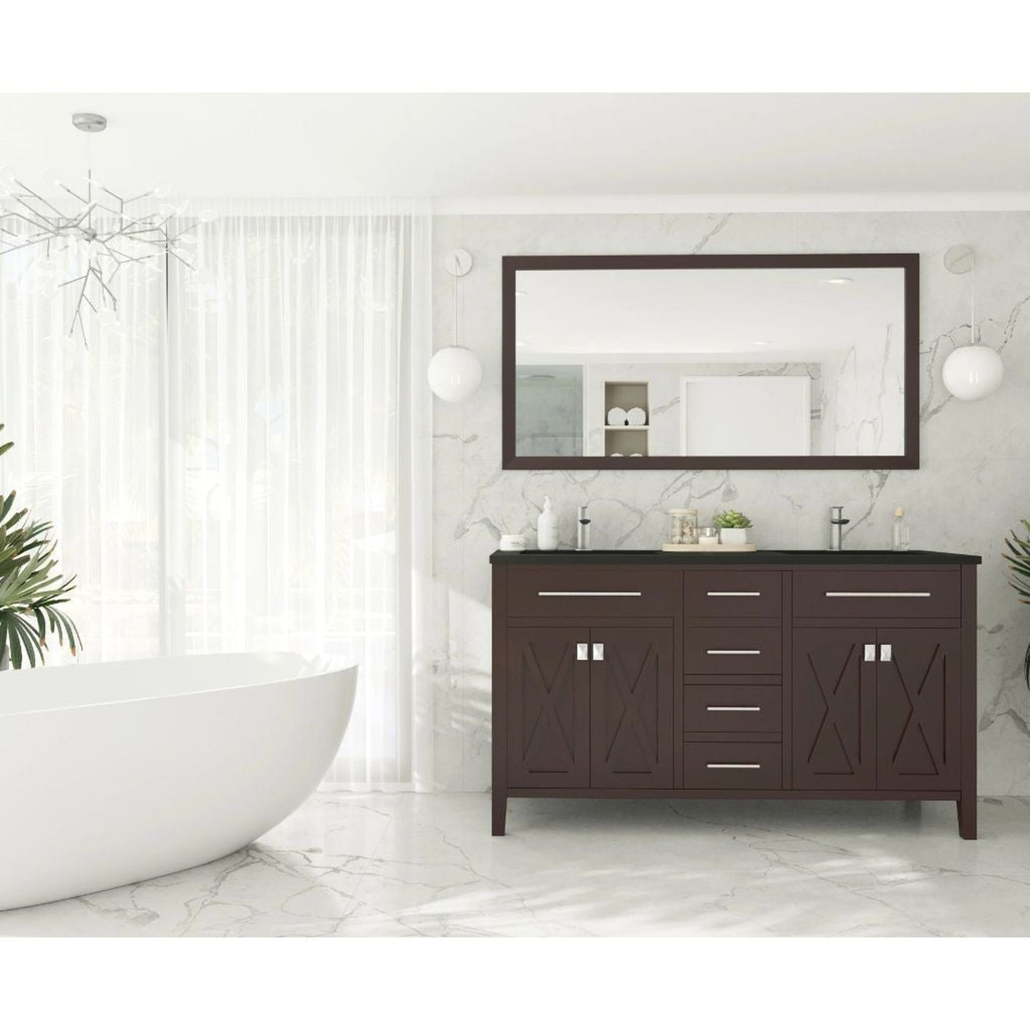 Laviva Wimbledon 60" Brown Vanity Base and Matte Black Solid Surface Countertop With Double Integrated Sinks