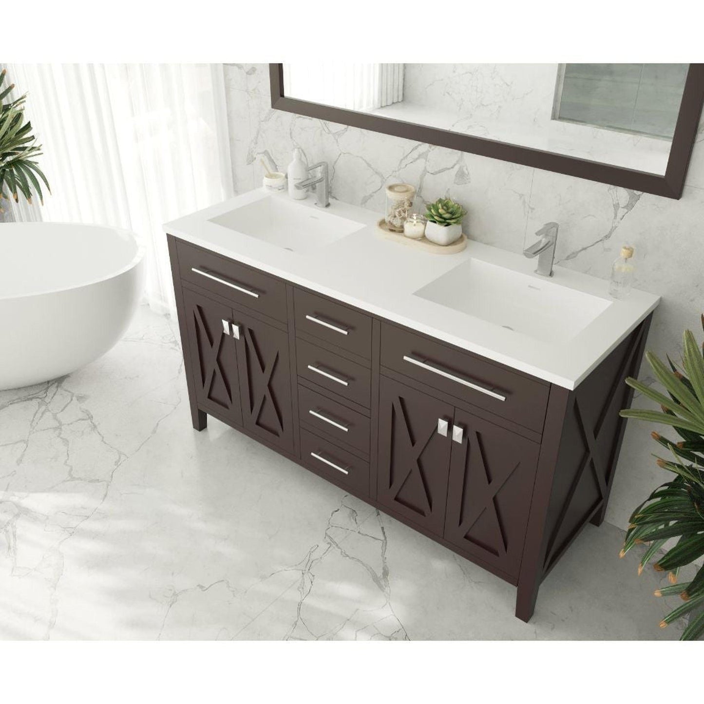 Laviva Wimbledon 60" Brown Vanity Base and Matte White Solid Surface Countertop With Double Integrated Sinks