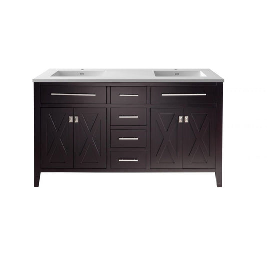 Laviva Wimbledon 60" Brown Vanity Base and Matte White Solid Surface Countertop With Double Integrated Sinks