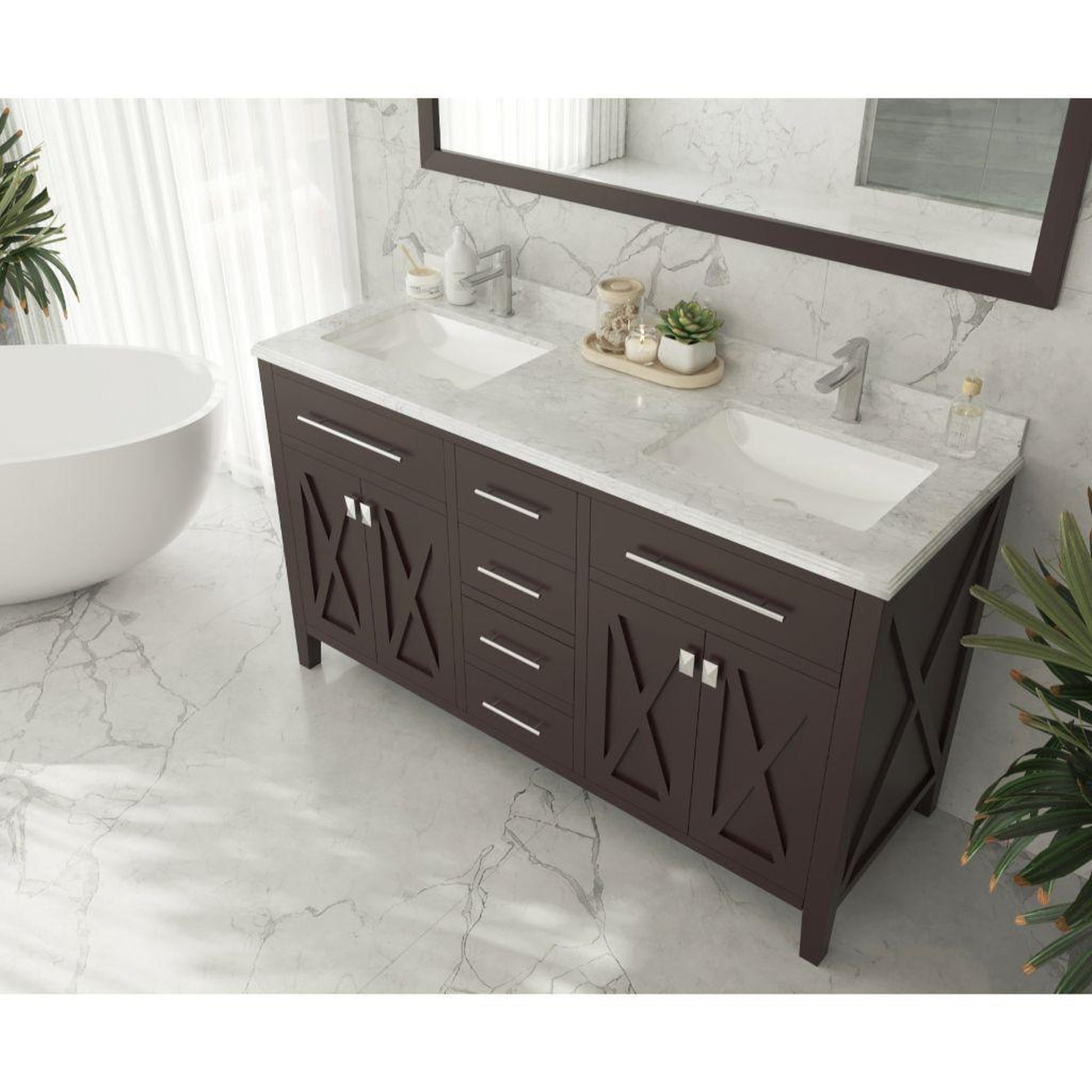 Laviva Wimbledon 60" Brown Vanity Base and White Carrara Marble Countertop With Double Rectangular Ceramic Sinks