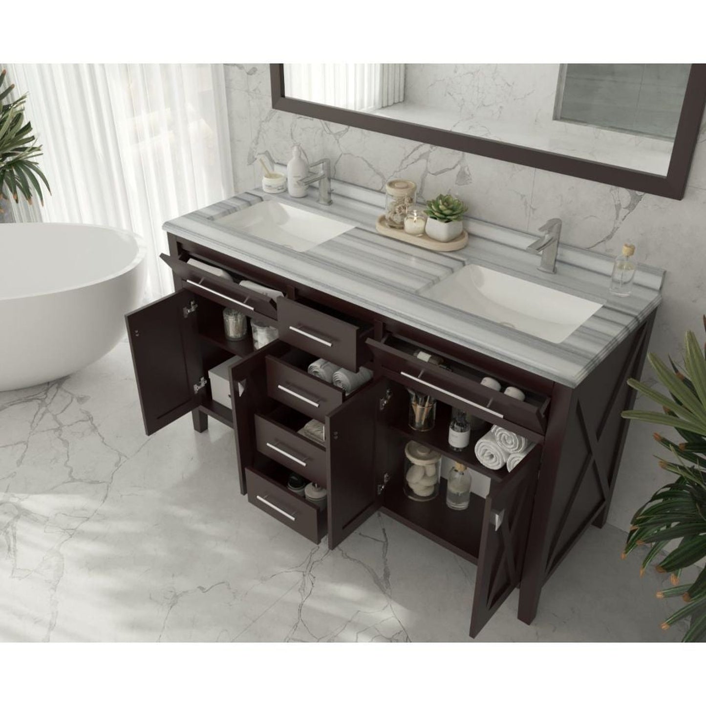 Laviva Wimbledon 60" Brown Vanity Base and White Stripes Marble Countertop With Double Rectangular Ceramic Sinks