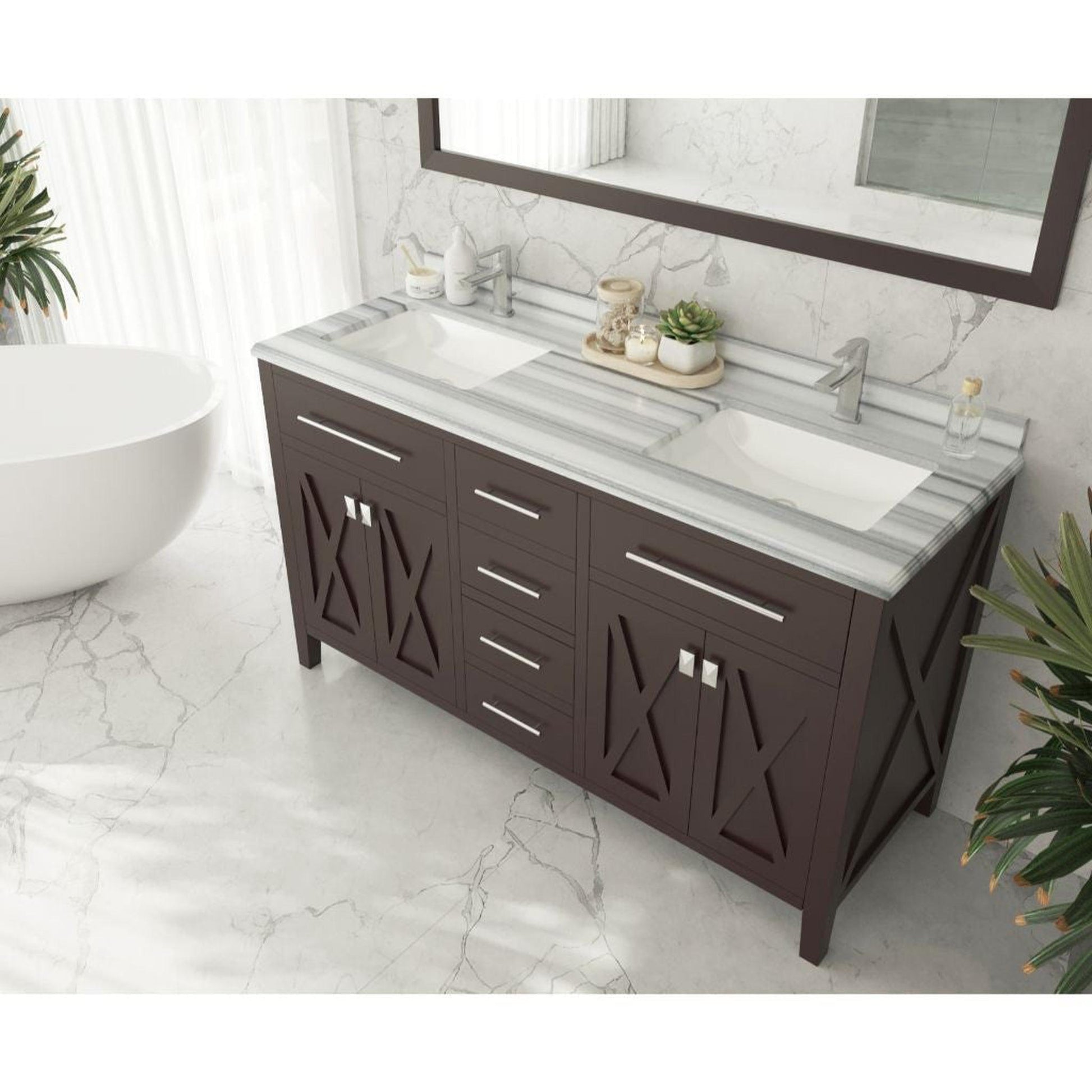 Laviva Wimbledon 60" Brown Vanity Base and White Stripes Marble Countertop With Double Rectangular Ceramic Sinks