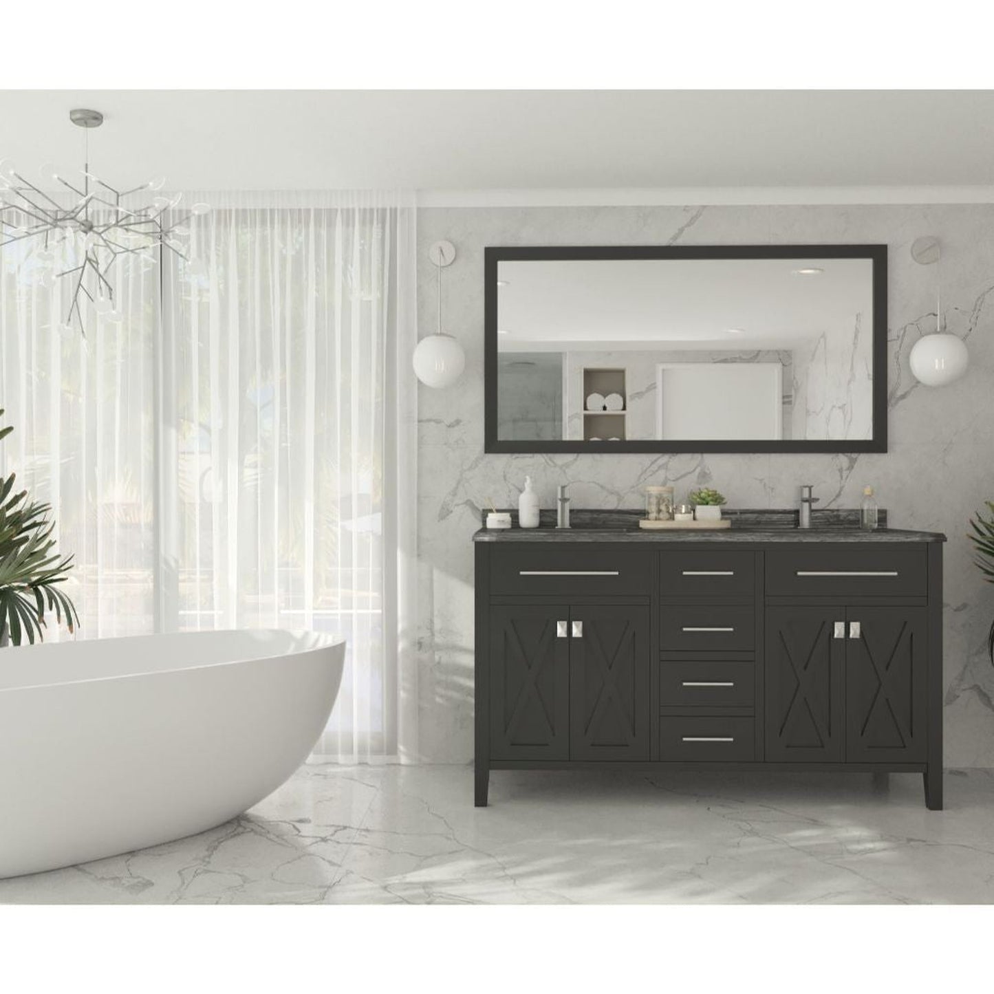 Laviva Wimbledon 60" Espresso Vanity Base and Black Wood Marble Countertop With Double Rectangular Ceramic Sinks