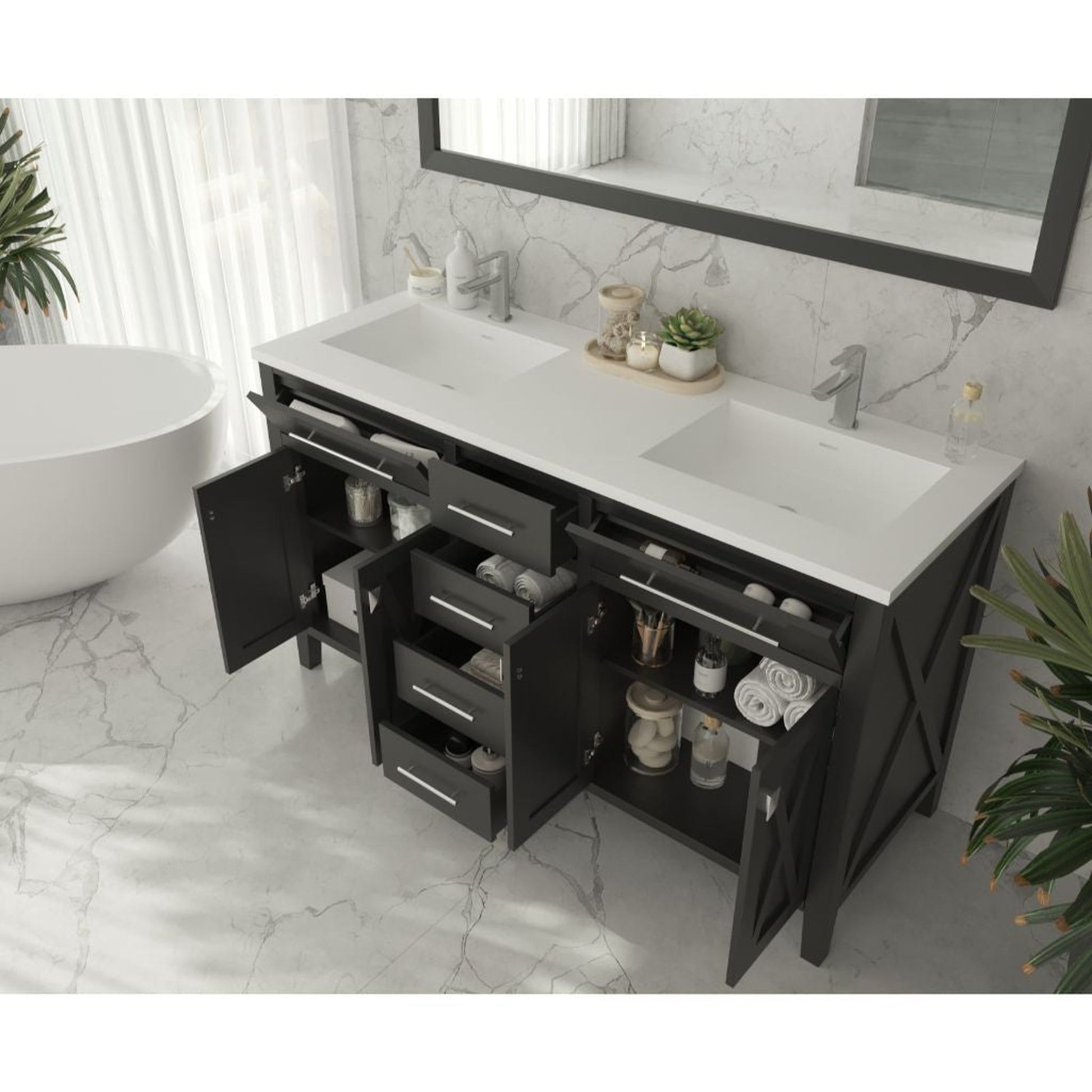 Laviva Wimbledon 60" Espresso Vanity Base and Matte White Solid Surface Countertop With Double Integrated Sinks