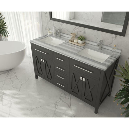 Laviva Wimbledon 60" Espresso Vanity Base and White Stripes Marble Countertop With Double Rectangular Ceramic Sinks