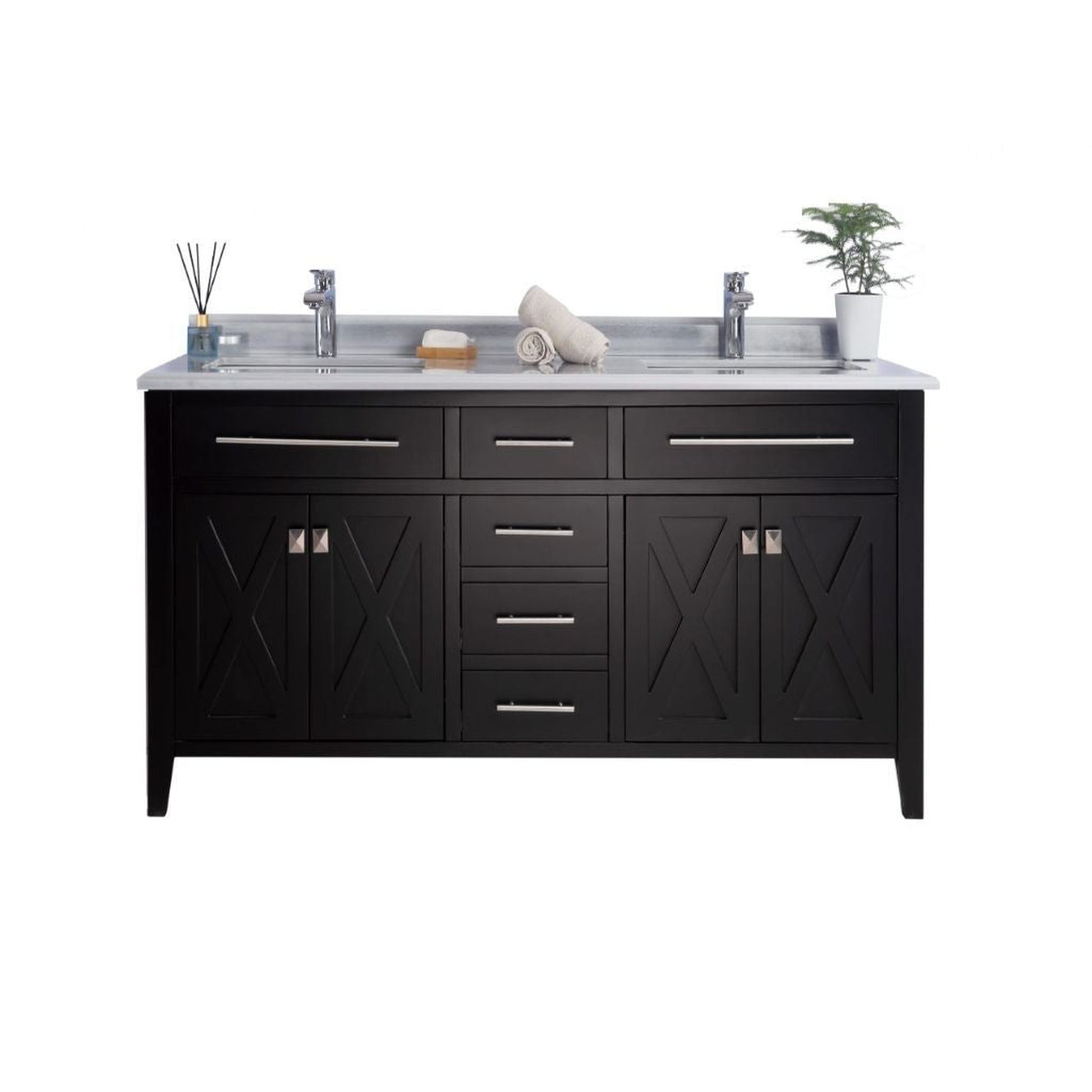 Laviva Wimbledon 60" Espresso Vanity Base and White Stripes Marble Countertop With Double Rectangular Ceramic Sinks