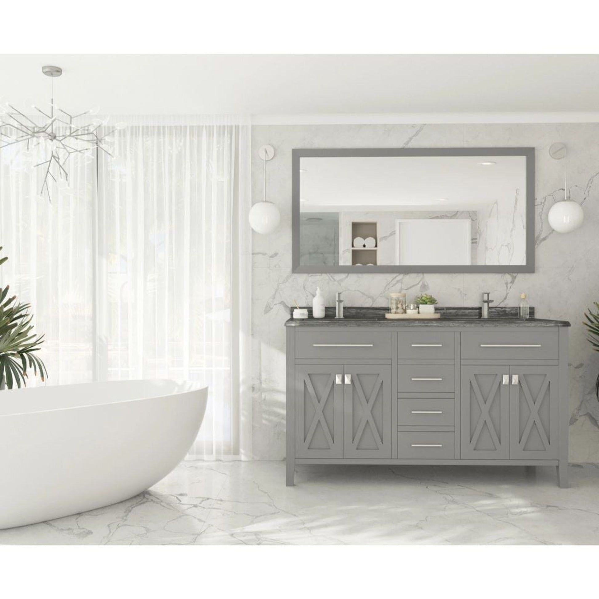 Laviva Wimbledon 60" Gray Vanity Base and Black Wood Marble Countertop With Double Rectangular Ceramic Sinks