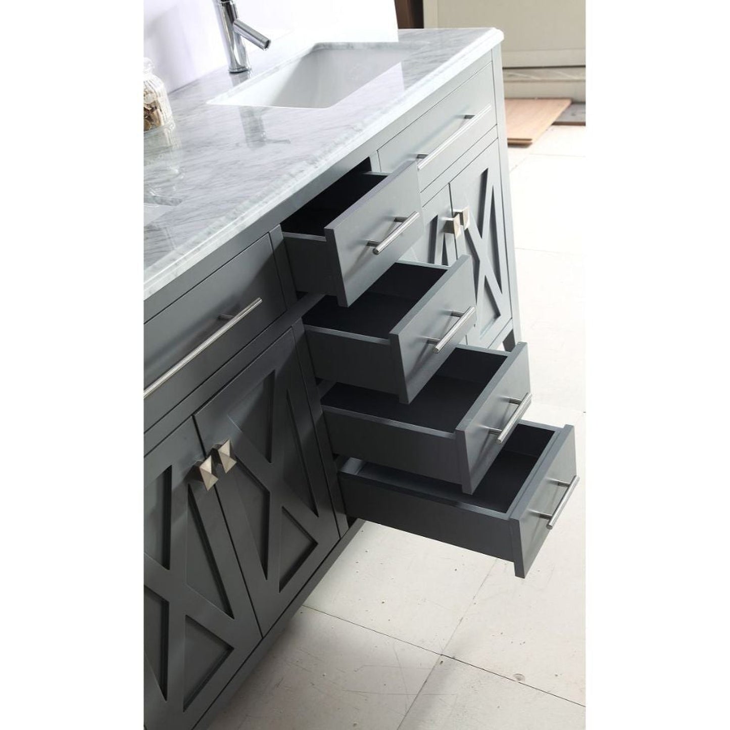 Laviva Wimbledon 60" Gray Vanity Base and Black Wood Marble Countertop With Double Rectangular Ceramic Sinks