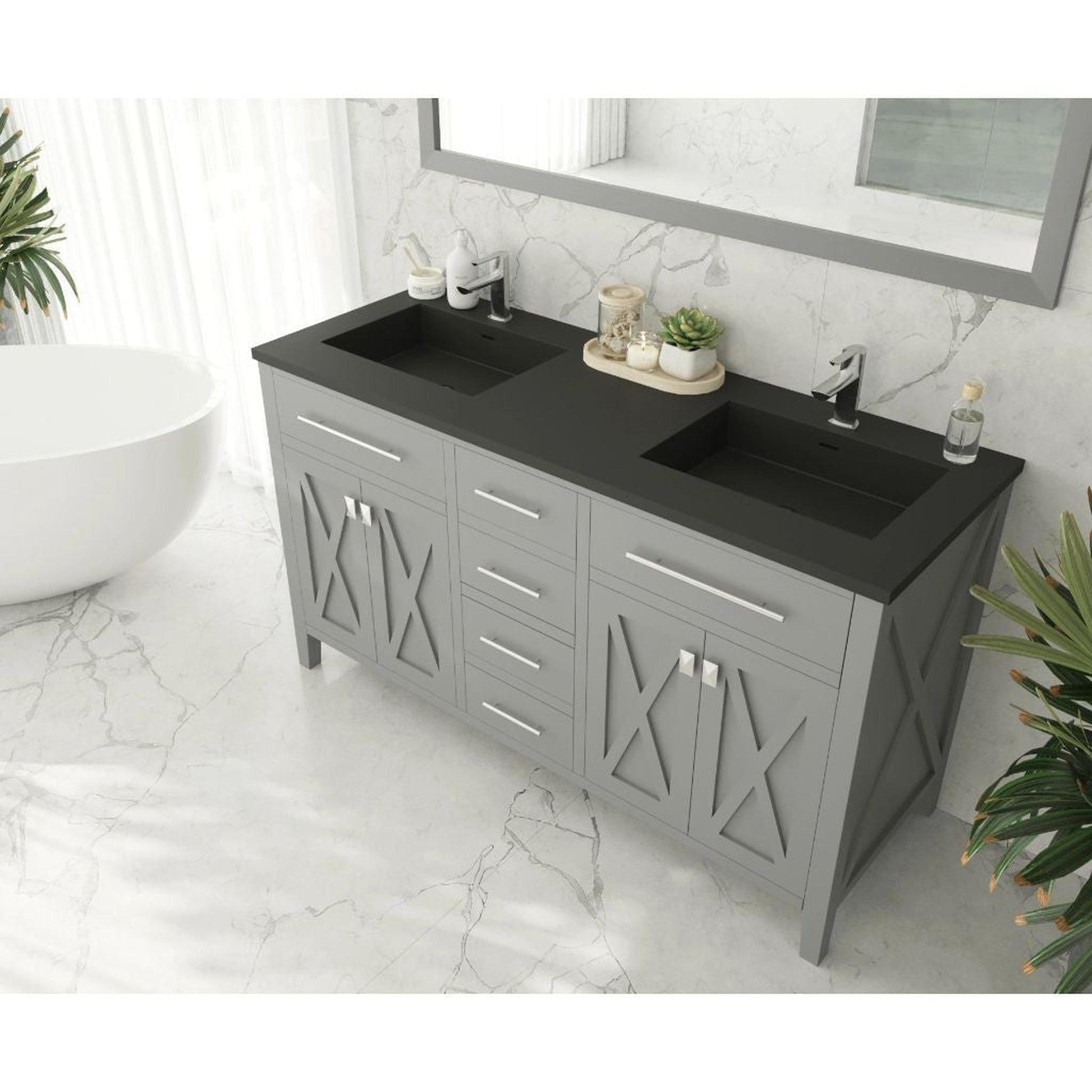 Laviva Wimbledon 60" Gray Vanity Base and Matte Black Solid Surface Countertop With Double Integrated Sinks