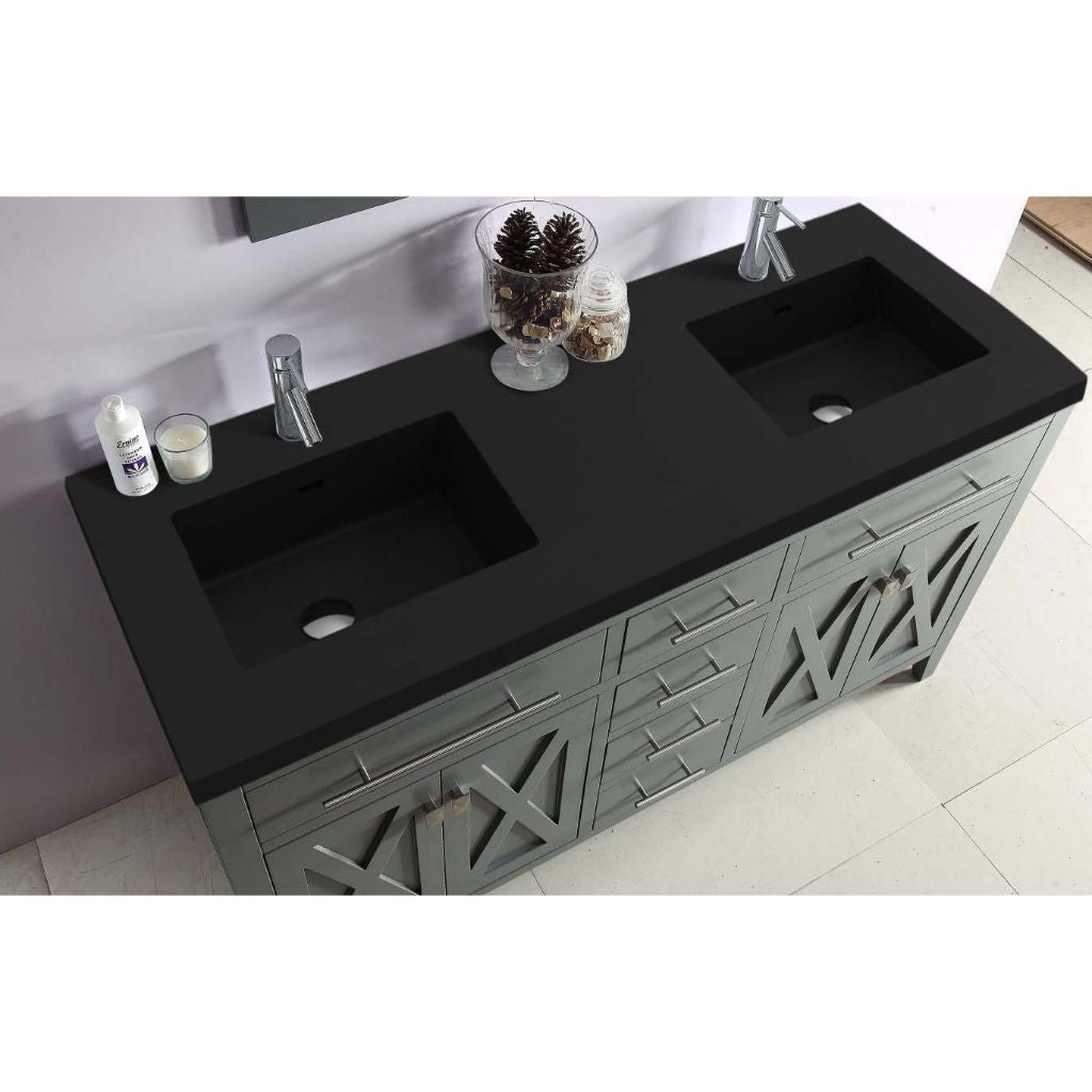 Laviva Wimbledon 60" Gray Vanity Base and Matte Black Solid Surface Countertop With Double Integrated Sinks