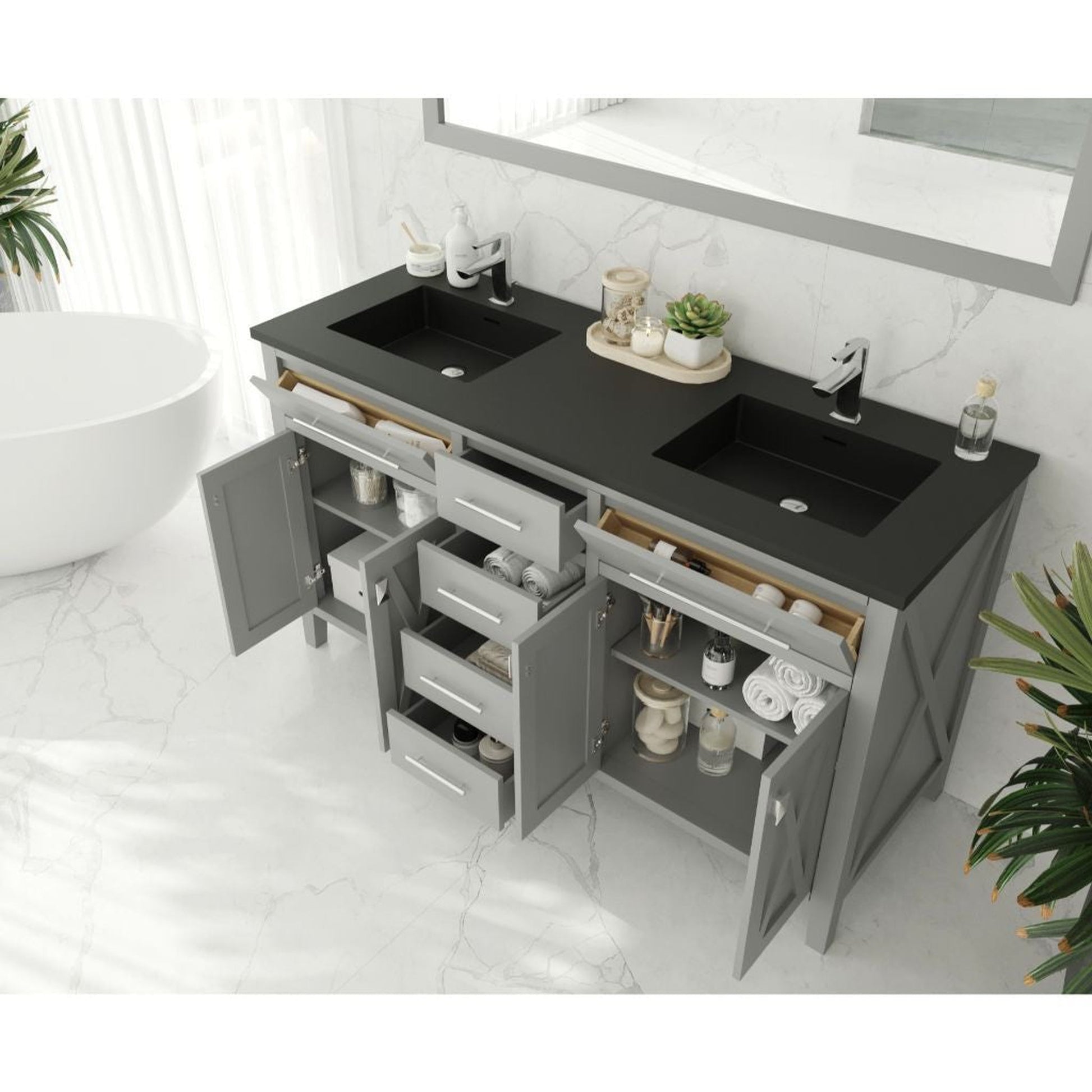 Laviva Wimbledon 60" Gray Vanity Base and Matte Black Solid Surface Countertop With Double Integrated Sinks