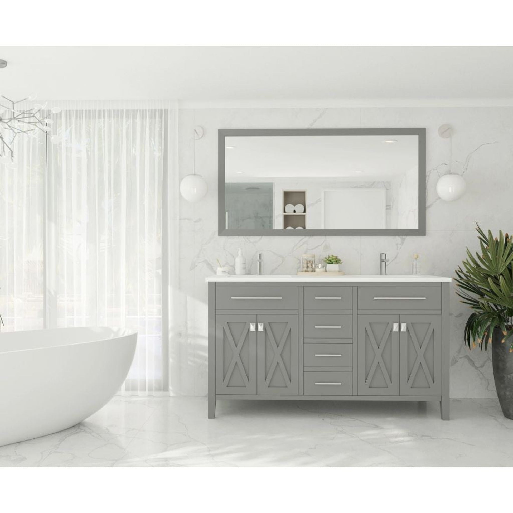 Laviva Wimbledon 60" Gray Vanity Base and Matte White Solid Surface Countertop With Double Integrated Sinks