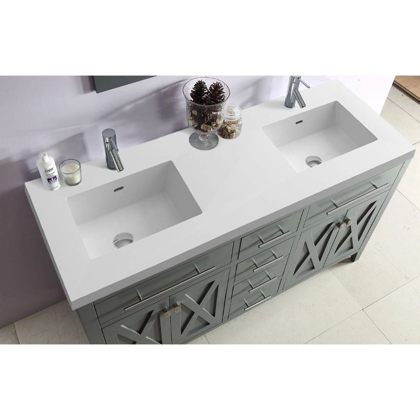 Laviva Wimbledon 60" Gray Vanity Base and Matte White Solid Surface Countertop With Double Integrated Sinks