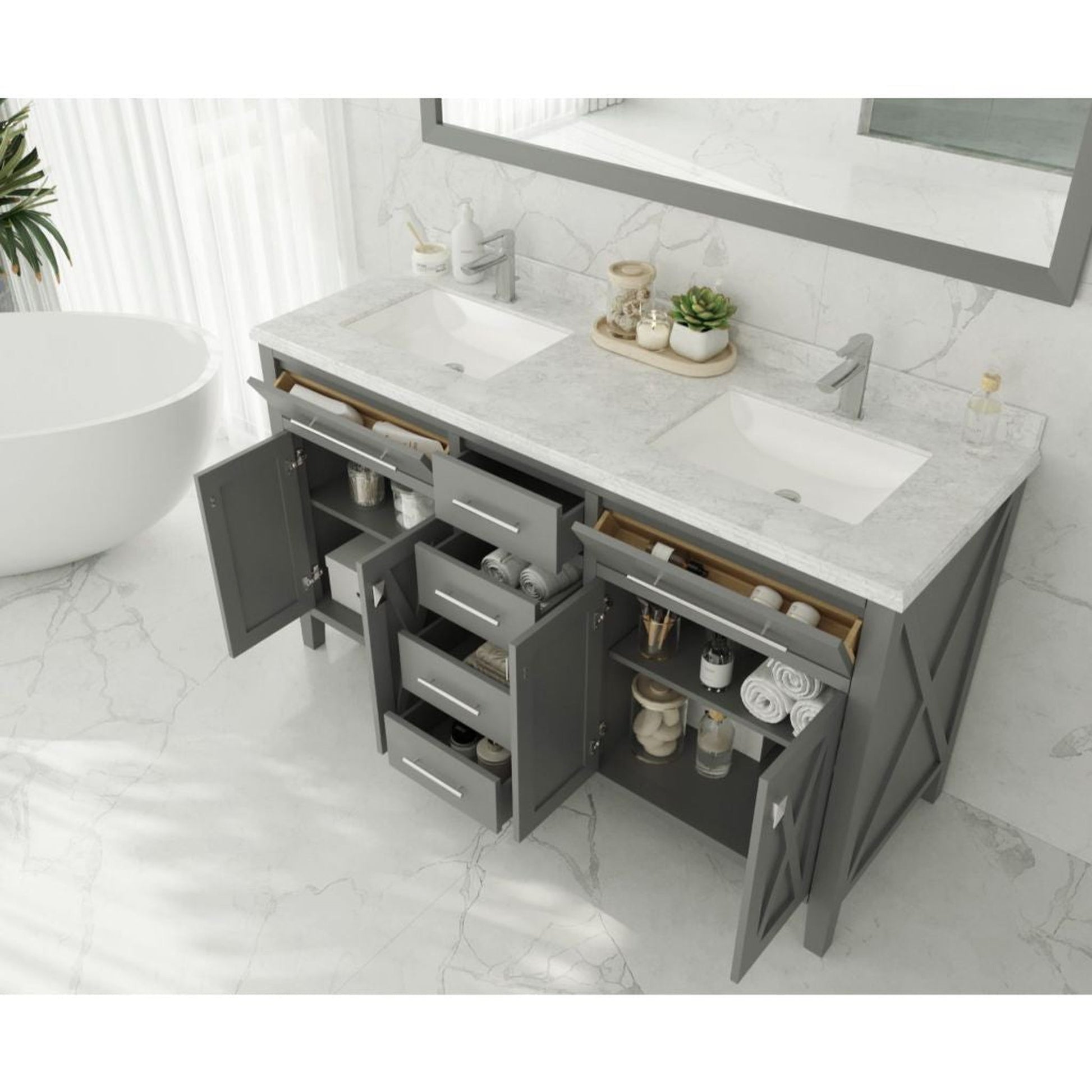 Laviva Wimbledon 60" Gray Vanity Base and White Carrara Marble Countertop With Double Rectangular Ceramic Sinks