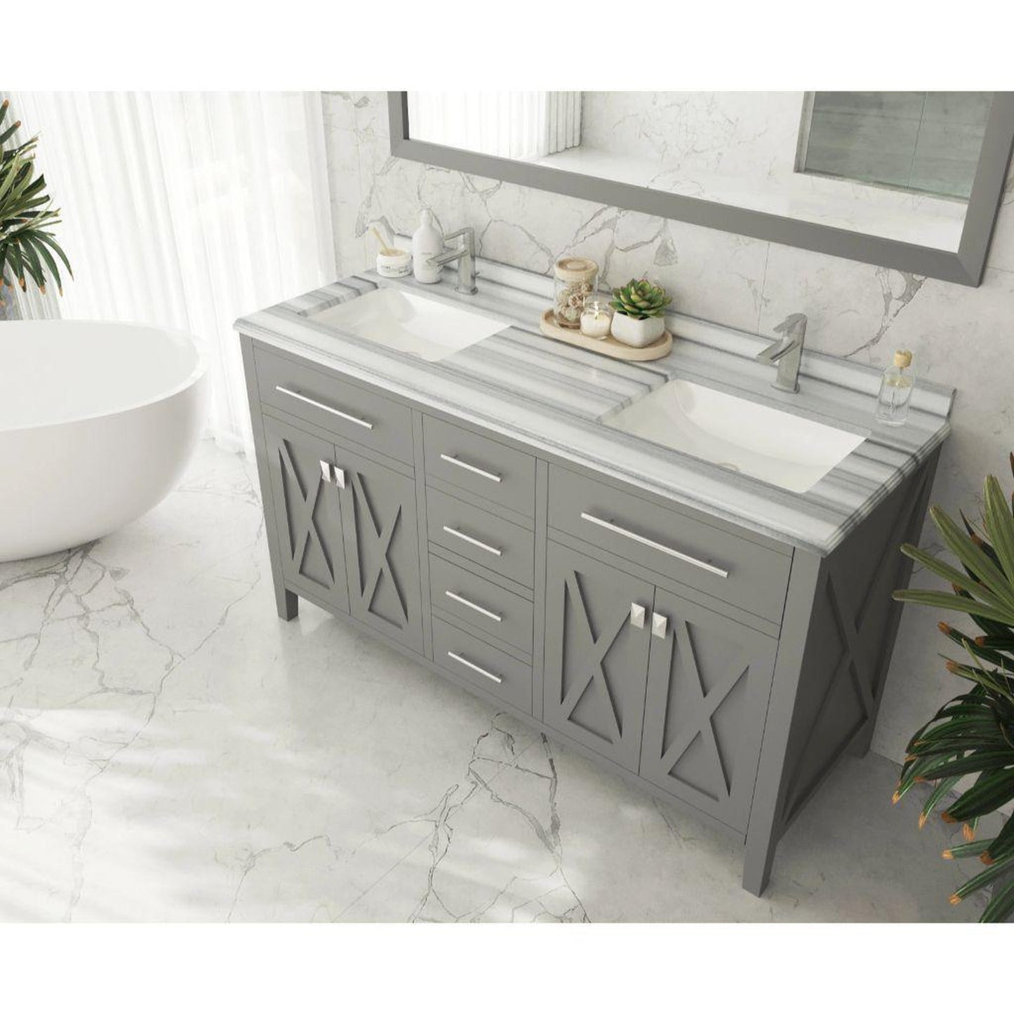 Laviva Wimbledon 60" Gray Vanity Base and White Stripes Marble Countertop With Double Rectangular Ceramic Sinks