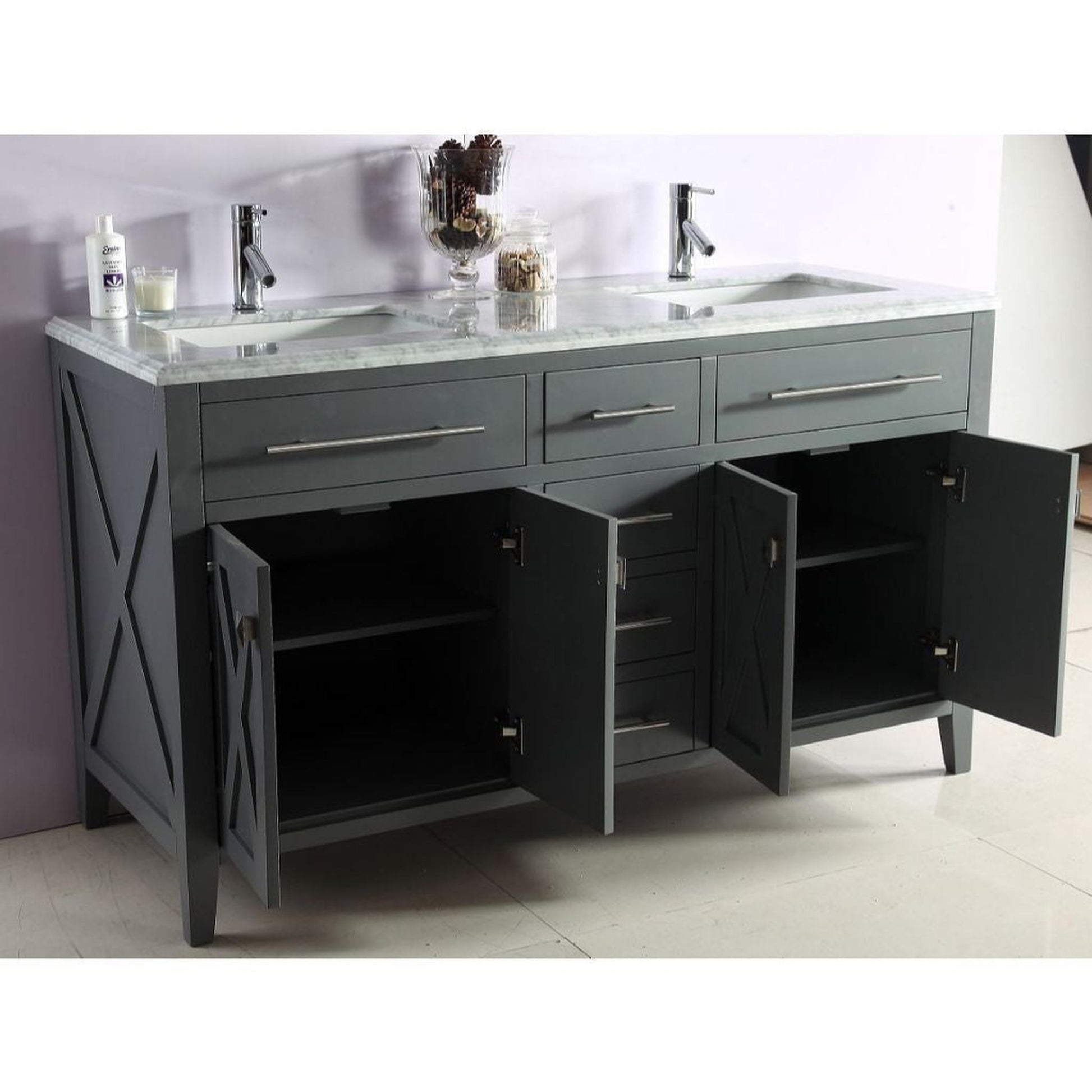 Laviva Wimbledon 60" Gray Vanity Base and White Stripes Marble Countertop With Double Rectangular Ceramic Sinks