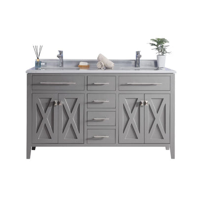 Laviva Wimbledon 60" Gray Vanity Base and White Stripes Marble Countertop With Double Rectangular Ceramic Sinks