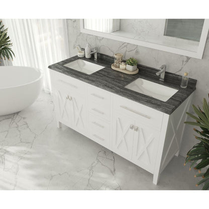 Laviva Wimbledon 60" White Vanity Base and Black Wood Marble Countertop With Double Rectangular Ceramic Sinks