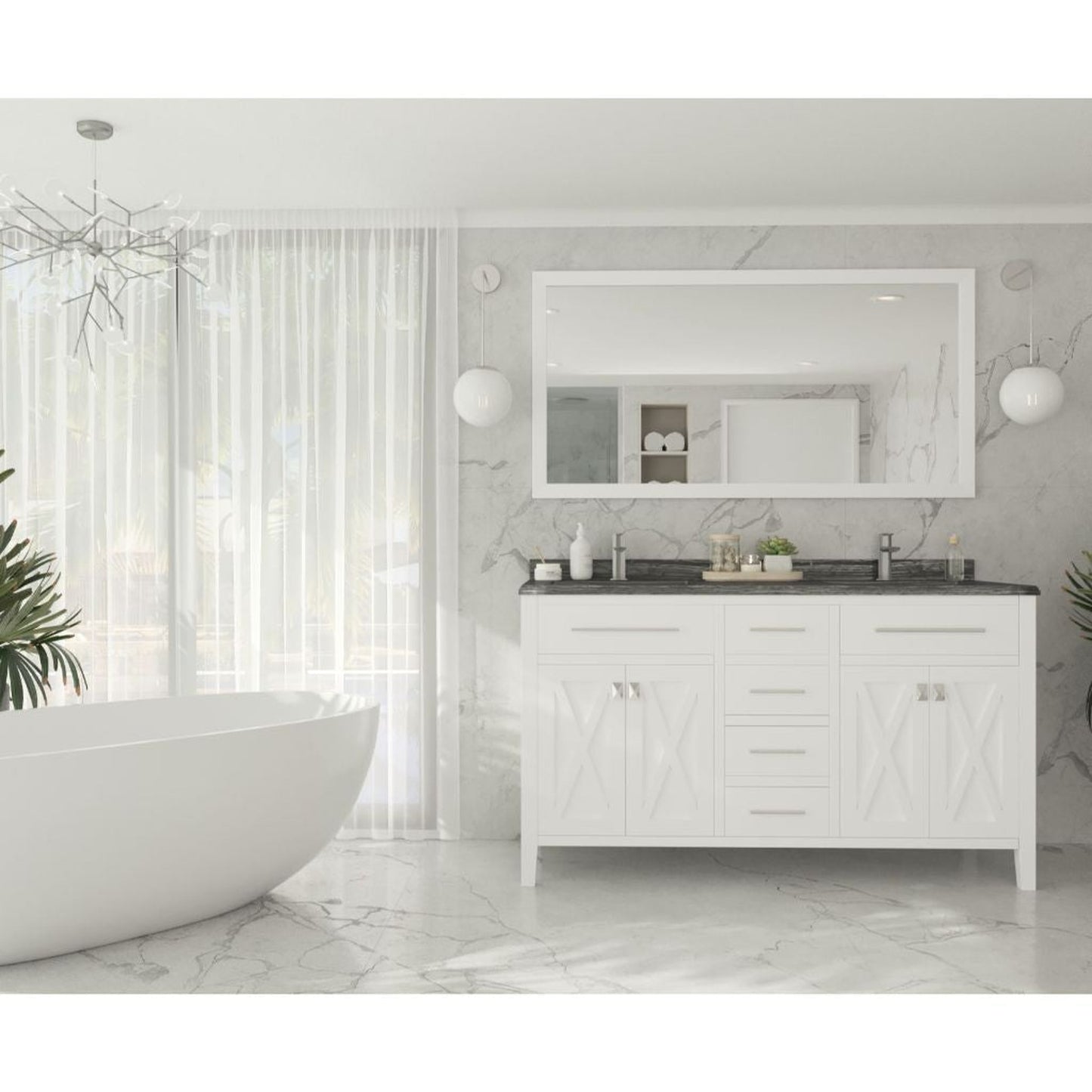 Laviva Wimbledon 60" White Vanity Base and Black Wood Marble Countertop With Double Rectangular Ceramic Sinks