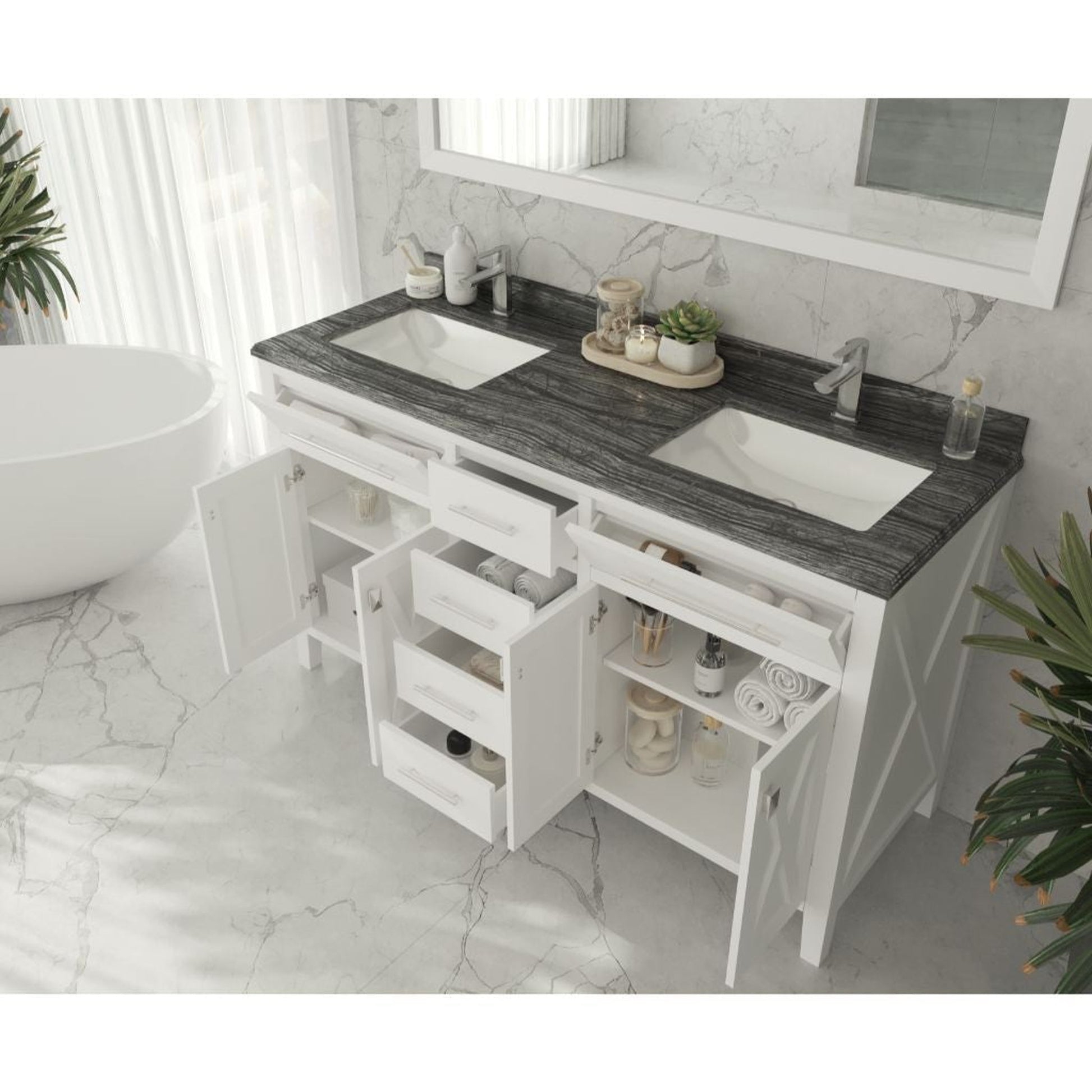 Laviva Wimbledon 60" White Vanity Base and Black Wood Marble Countertop With Double Rectangular Ceramic Sinks