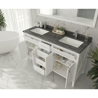 Laviva Wimbledon 60" White Vanity Base and Black Wood Marble Countertop With Double Rectangular Ceramic Sinks