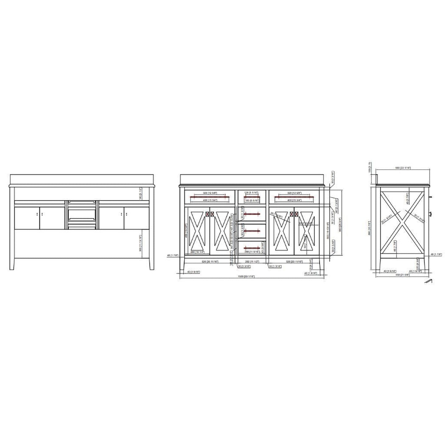 Laviva Wimbledon 60" White Vanity Base and Black Wood Marble Countertop With Double Rectangular Ceramic Sinks