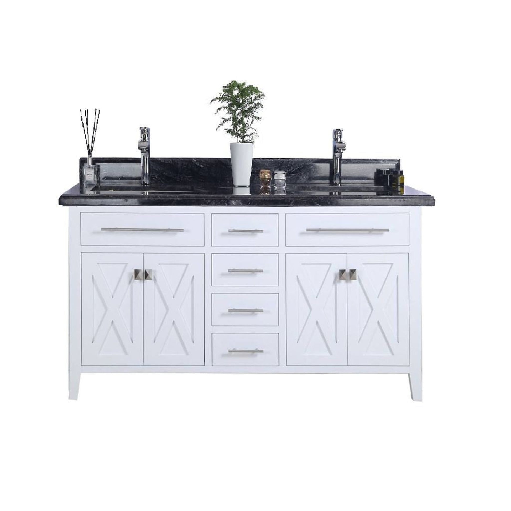 Laviva Wimbledon 60" White Vanity Base and Black Wood Marble Countertop With Double Rectangular Ceramic Sinks