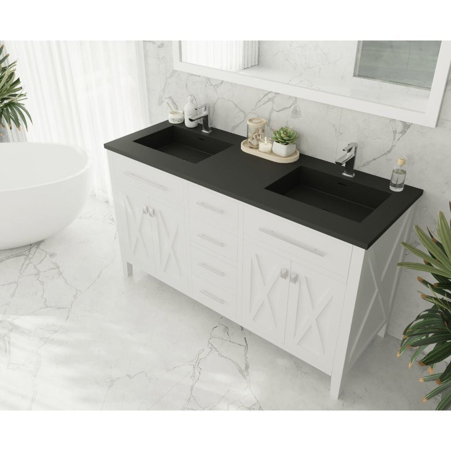 Laviva Wimbledon 60" White Vanity Base and Matte Black Solid Surface Countertop With Double Integrated Sinks