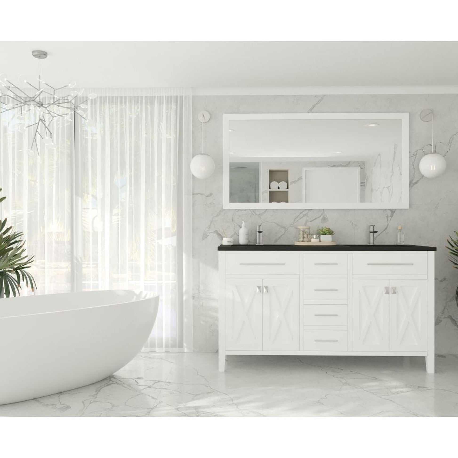 Laviva Wimbledon 60" White Vanity Base and Matte Black Solid Surface Countertop With Double Integrated Sinks