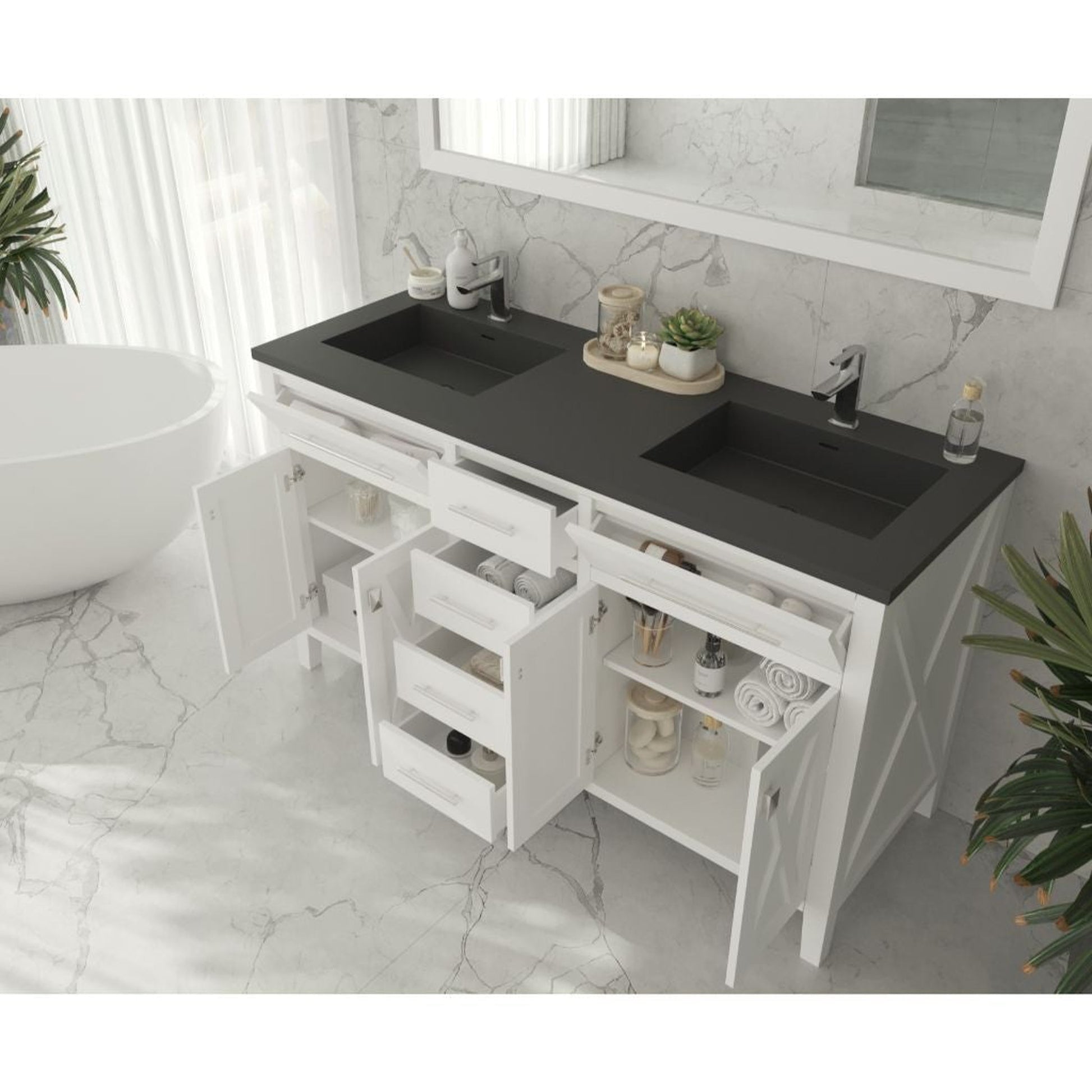 Laviva Wimbledon 60" White Vanity Base and Matte Black Solid Surface Countertop With Double Integrated Sinks