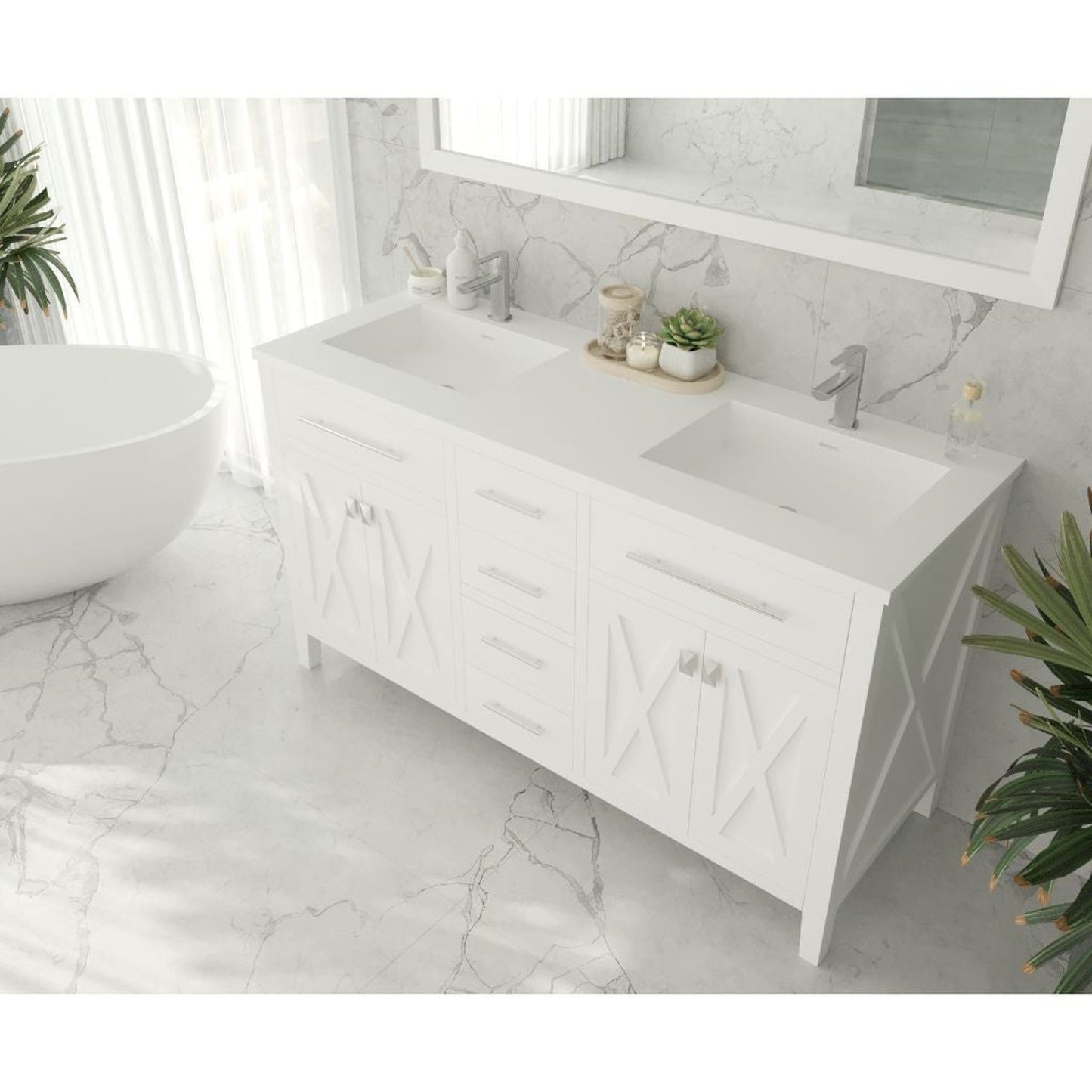 Laviva Wimbledon 60" White Vanity Base and Matte White Solid Surface Countertop With Double Integrated Sinks