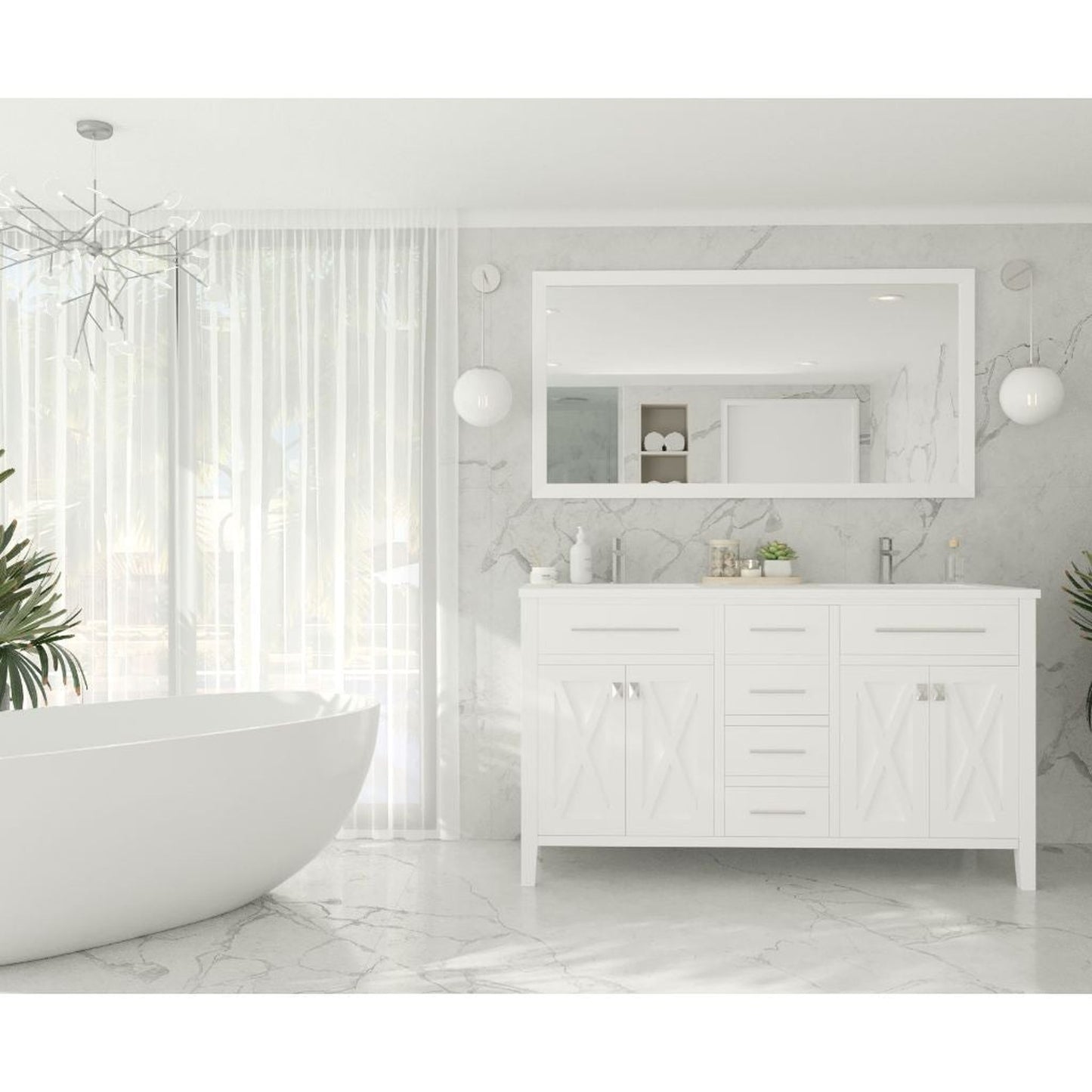 Laviva Wimbledon 60" White Vanity Base and Matte White Solid Surface Countertop With Double Integrated Sinks