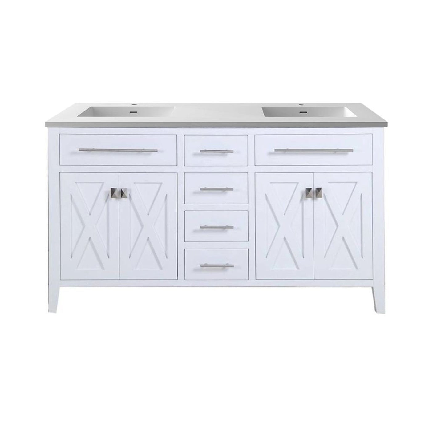 Laviva Wimbledon 60" White Vanity Base and Matte White Solid Surface Countertop With Double Integrated Sinks