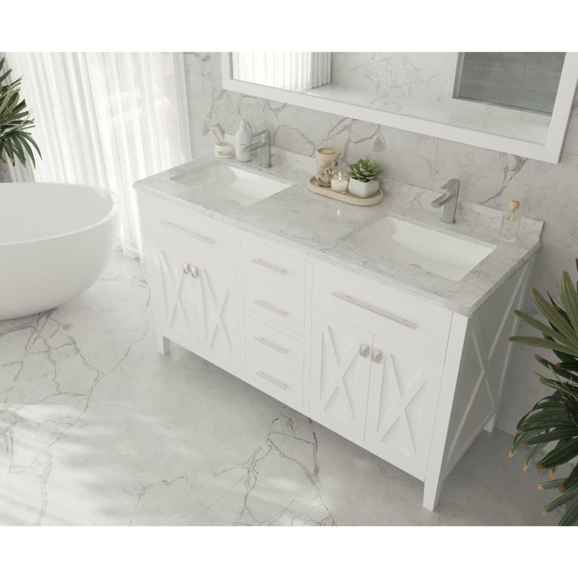 Laviva Wimbledon 60" White Vanity Base and White Carrara Marble Countertop With Double Rectangular Ceramic Sinks