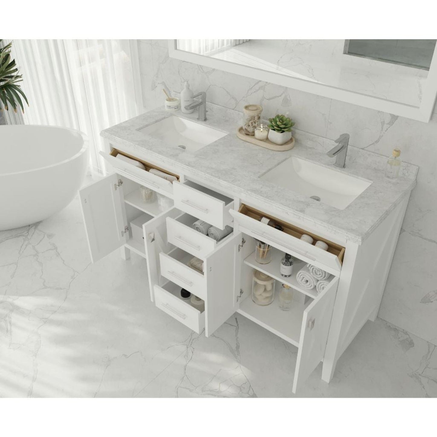 Laviva Wimbledon 60" White Vanity Base and White Carrara Marble Countertop With Double Rectangular Ceramic Sinks