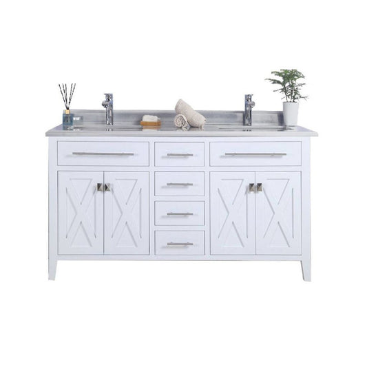 Laviva Wimbledon 60" White Vanity Base and White Stripes Marble Countertop With Double Rectangular Ceramic Sinks
