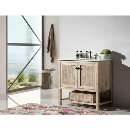Legion Furniture 36" Freestanding Teak White Rustic Cabinet With Carrara Marble Top Vanity Set