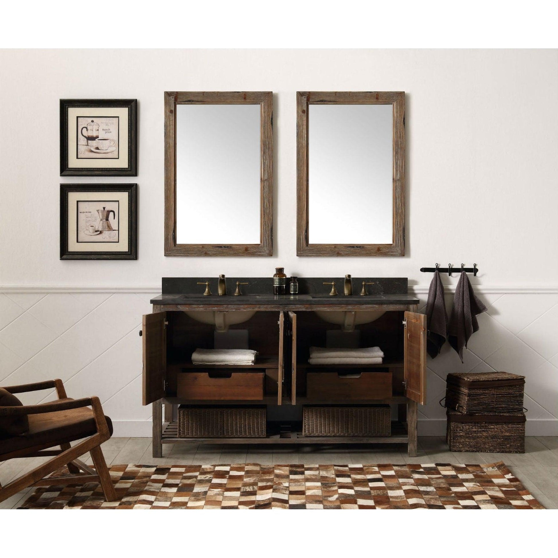 Legion Furniture 60" Freestanding Dual Sink Brown Rustic Cabinet With Moon Stone Top and White Ceramic Sink Vanity Set