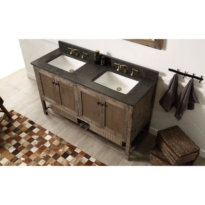 Legion Furniture 60" Freestanding Dual Sink Brown Rustic Cabinet With Moon Stone Top and White Ceramic Sink Vanity Set