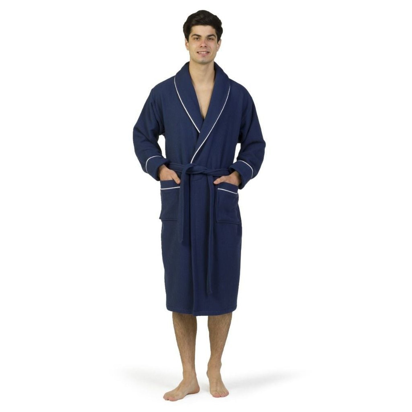 Linum Waffle Terry with Satin Piped Trim L/XL Navy Bathrobe